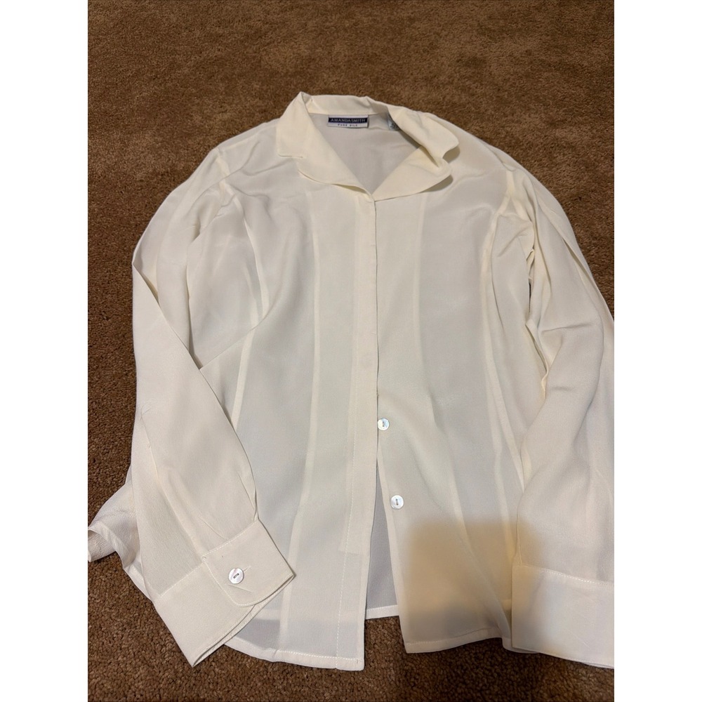 Amanda Smith Pure Silk Blouse Cream Off White Button Down Notched Collar Small